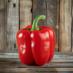 Vibrant Red Bell Pepper on Rustic Wooden Background, Fresh Vegetable Close-up, Healthy Food Ingredient, Organic Farm Produce, High-Resolution Photography