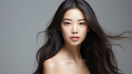 Fototapeta premium Portrait of a girl with long dark hair, generative AI