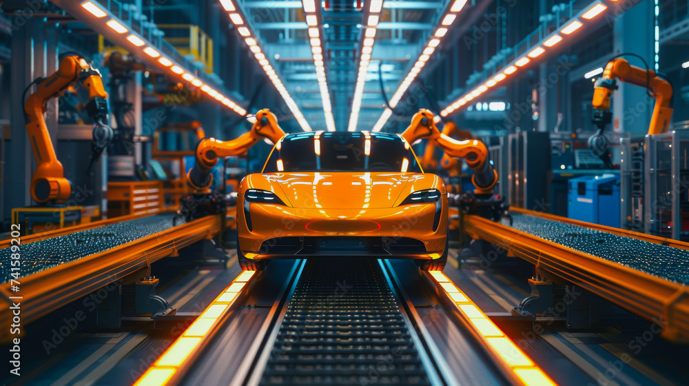 Poster a high-end sports car on an automated assembly line with precision industrial robots in a modern man