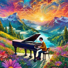 grand piano pianist in the psychodelic landscape mountains