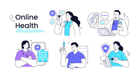 Telemedicine. Concept outline illustrations set. Doctors, nurses and other medical staff use online medicine services to monitor patients health. Vector illustration. 