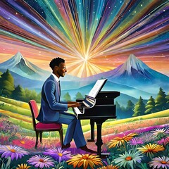 piano player on a suit playing at the colourful psychodelic mountains 