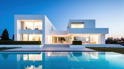 a luxurious modern white villa with pool