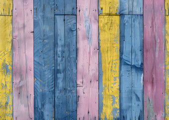 blue yellow and pink wood planks wall background text
