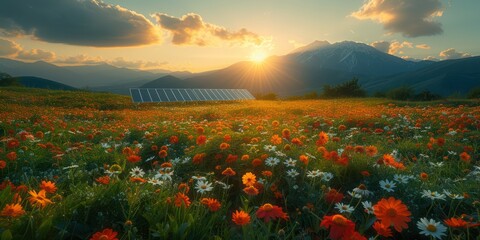 A Solar Panel on the flower field, the mountain is background