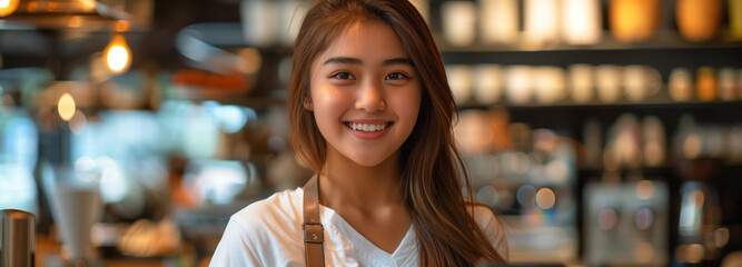 filipino waitress holding a tablet, smiling, setting is in a coffee shop small business concept