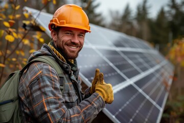 Obraz premium Smart happy Electric Engineer putting thumbs up, look at camera a new solar panel in the field is background