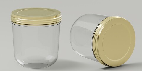 Blank glass jar mockup, 3d rendering. Empty canned or conservation utensil mock up, isolated. Clear...