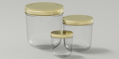 empty glass jars with golden lid - mockup. Three Jars