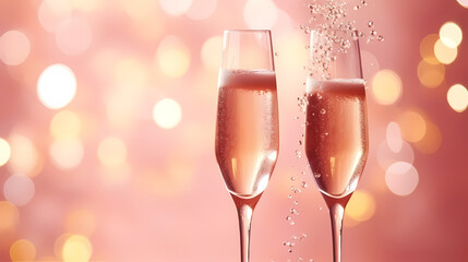 Champagne glass with bubbles standing against blurred cool bokeh background
