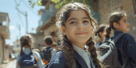 Fototapeta na wymiar Latin schoolgirl in uniform and schoolchildren go to school on a sunny day