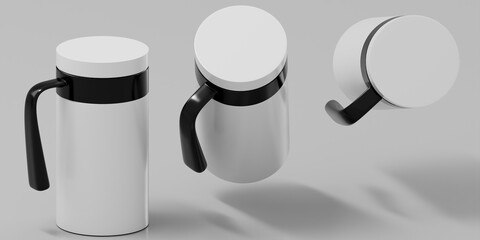 Coffee Mug mockup, Double Wall Vacuum Insulated Travel Mug with black Handle. Leak Proof Lid, Thermos. 3D Illustration. Three coffee Mugs