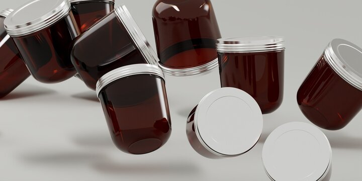  Amber Glass Jar Mockup with silver metal screw lid - Multiple Floating jars. 3D Illustration
