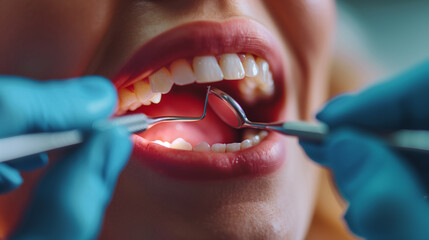 Closeup of dental tools inside a patient mouth during a dentist visit. 