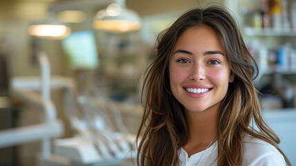 Portrait of a smiling female dentist patient.  - obrazy, fototapety, plakaty