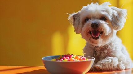 Happy Maltese Dog Smiling with Colorful Candy Treats
