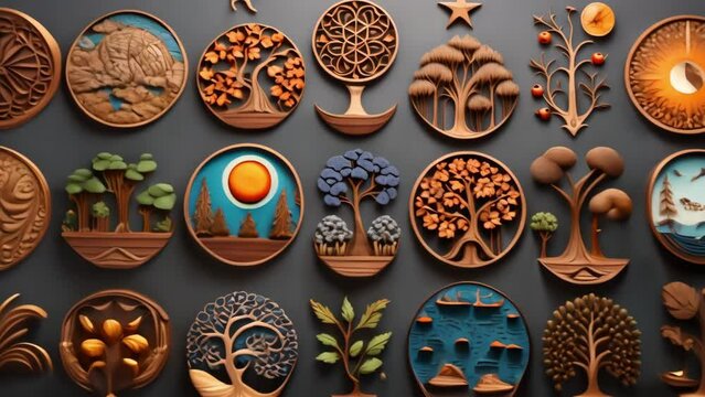 Diverse Wood Carvings Displayed on Wall