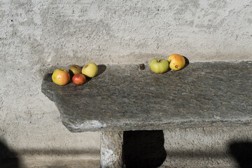 Äpfel auf einer Steinbank, Poschiavo, Kanton Graubünden, Schweiz