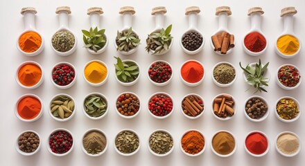 Various colorful spices and herbs are arranged in a neat row on a white backgroun