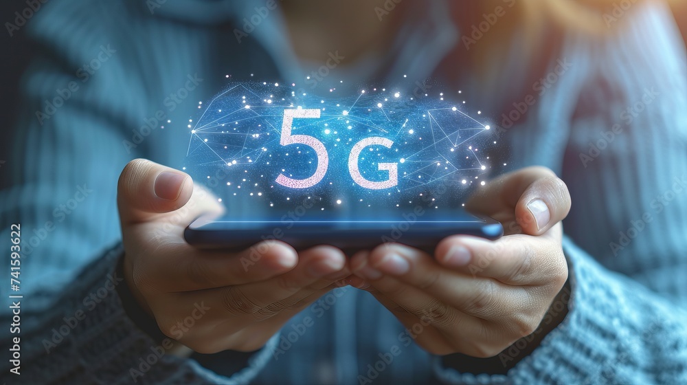 Poster interactive holographic 5g text icon shining over mobile phone with copy space for text placement