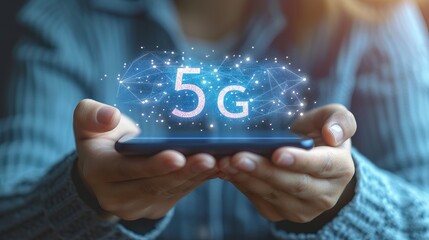 Interactive holographic 5g text icon shining over mobile phone with copy space for text placement