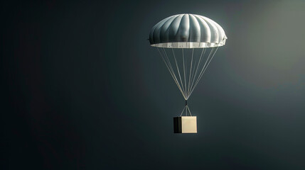 A cardboard box with a flying parachute on a monochrome background. Delivery banner
