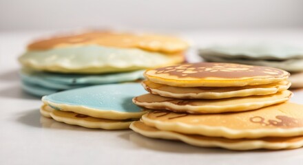 Various colorful pancake in a neat row on a white background