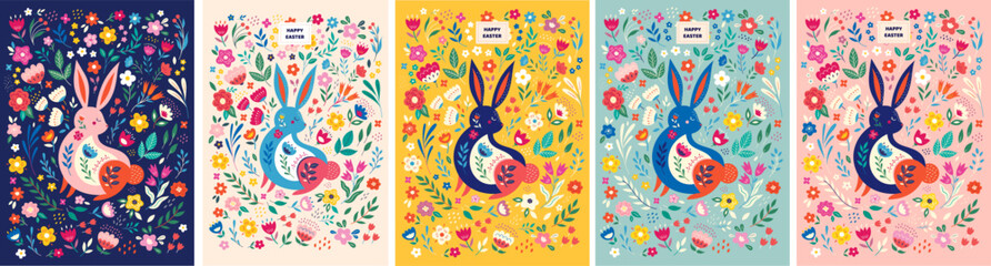 Colorful collection with easter rabbits. Happy easter greeting cards with decorative easter bunny. Notebook covers - 741593874