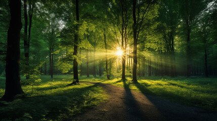 Green forest environment. Beautiful Forest - obrazy, fototapety, plakaty