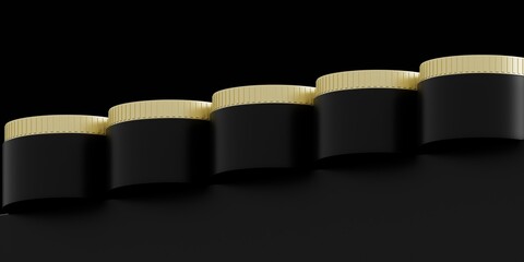 cosmetic jars in a row for cream, butter, scrub, gel, powder, wax. Realistic packaging mock up template. black body with golden cap
