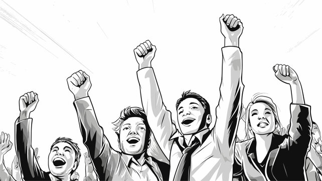 Abstract collaborative success with team members raising hands. simple Vector art