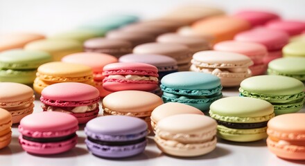 Obraz na płótnie Canvas Various colorful Macarons in a neat row on a white background