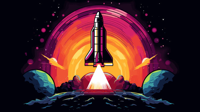 Abstract retro rocketship exploring a colorful nebula. simple Vector art