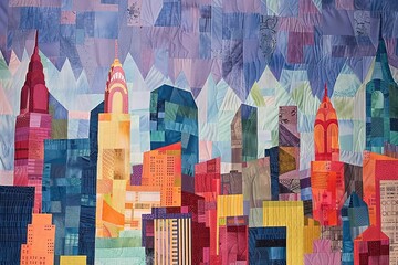 Illustration of a skyline themed quilt pattern, background.