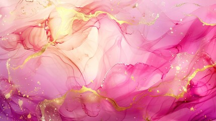 Alcohol ink artwork presenting a luxurious abstract design with transparent waves and golden swirls, perfect for posters, banners, packaging, and printed materials.