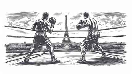 simple line art minimalist collage illustration with professional boxer practicing punches and Eiffel Tower in the background, olympic games, wide lens