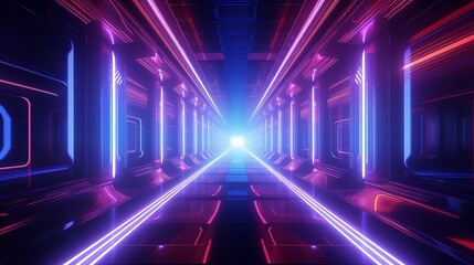Endless flight in a futuristic metal corridor with purple neon light background