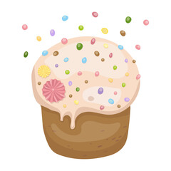 Easter cake is decorated with colored candies and meringues in scattering of candies. Texture vector pattern for holiday, design, decoration, social networks, textile, children