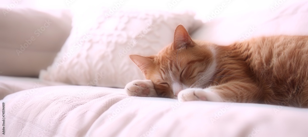 Poster tranquil lazy cat peacefully sleeping on the couch with ample copy space for text placement