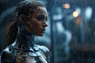 Female cyborg in rain. scifi character. Beautiful young woman with creative make-up and silver...