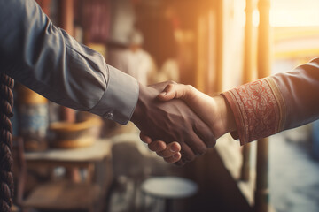 Two individuals engaging in a firm handshake, capturing the essence of agreement, partnership, and collaboration. The warm lighting adds a touch of sincerity and positivity. - obrazy, fototapety, plakaty
