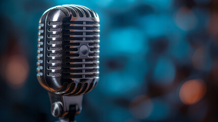 audio microphone retro style. studio condenser microphone, isolated on black. copy space on left. Golden microphone on stage during the concert Studio microphone and pop shield on mic in the empty.