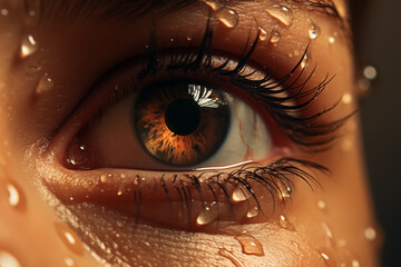 A highly detailed close-up capturing the mesmerizing beauty of a dewy eye. The golden iris gleams,...
