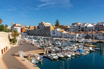 view of the historic old town of Ciutadella and the natural harbour and sports marina below