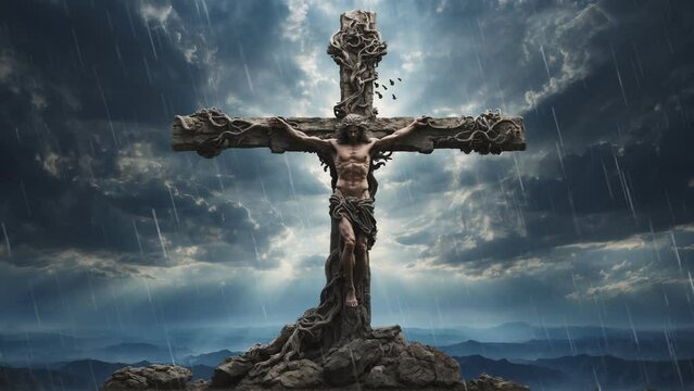 Jesus Christ crucified on the cross on the hill of Calvary with clouds and hills in the background. 4k looping animation