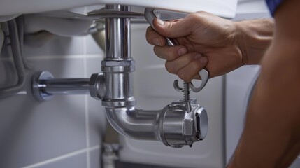 A determined individual fixes their own problems, as they grasp a wrench to mend the indoor plumbing fixture in their bathroom sink