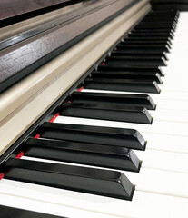 Clean close up piano black and white key note instruments buttons.