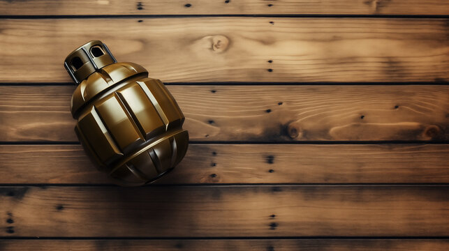 A golden grenade rests on a rustic wooden surface, casting a soft shadow. The image evokes a sense of contrast between violence and peace