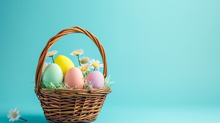 Fototapeta na wymiar Easter wicker basket with pastel colorful eggs for festive holiday on blue background