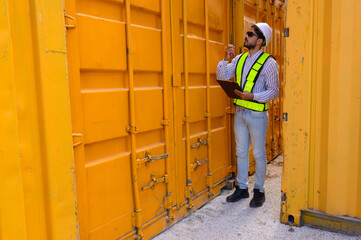 Fototapeta na wymiar An engineer is inspecting the cargo entering the container. 
